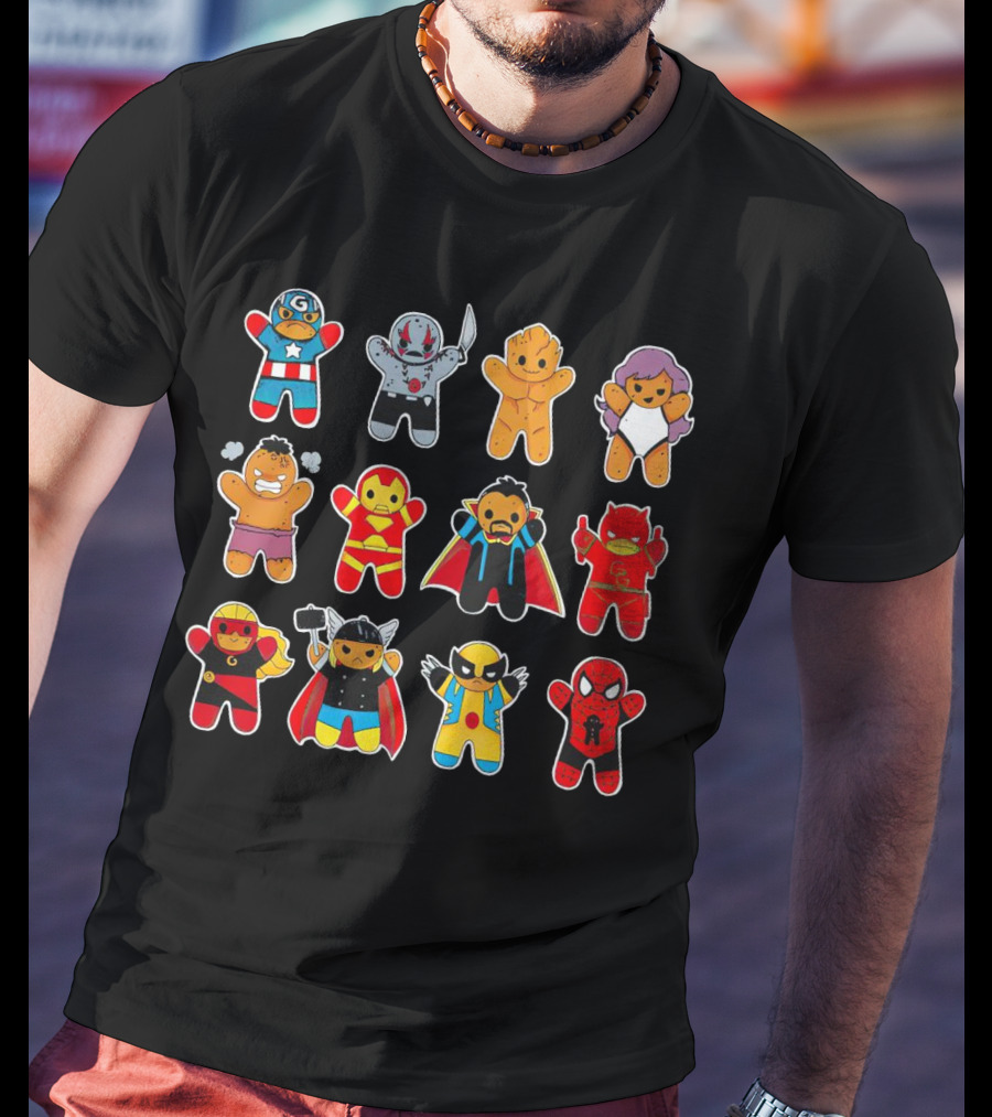 Gingerbread Super Heroes Cookie Avengers Guardians Comic Fun T-Shirt