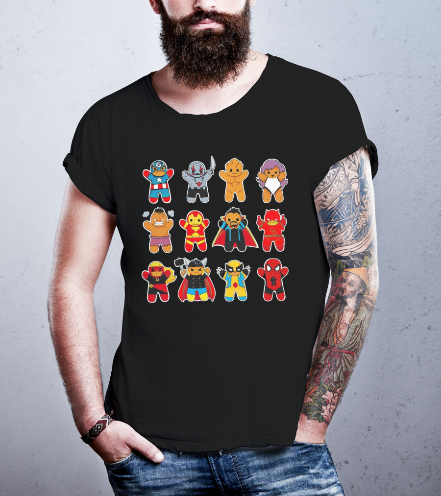 Gingerbread Super Heroes Cookie Avengers Guardians Comic Fun T-Shirt