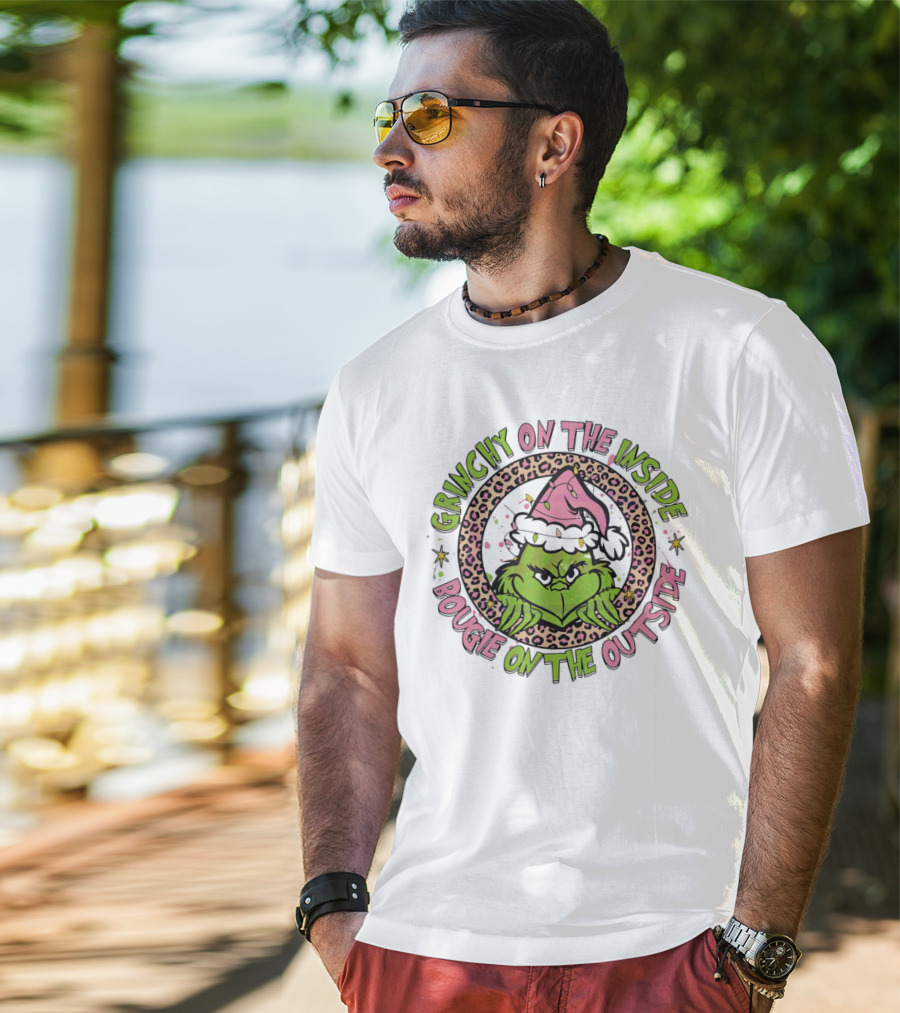 Grinchy On The Inside Bougie On The Outside Leopard Santa Hat T-Shirt
