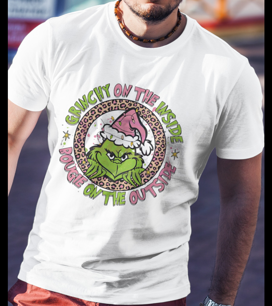 Grinchy On The Inside Bougie On The Outside Leopard Santa Hat T-Shirt