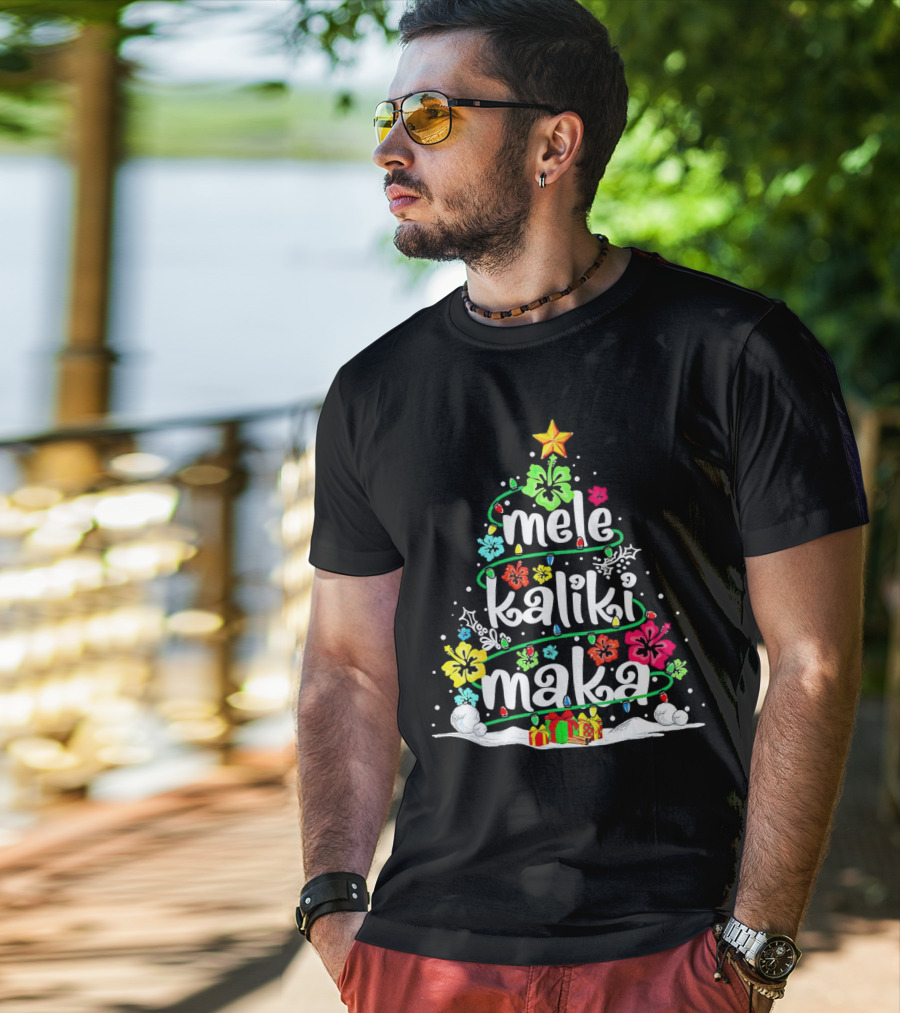 Mele Kalikimaka Christmas Tree With Flowers And Gifts T-Shirt