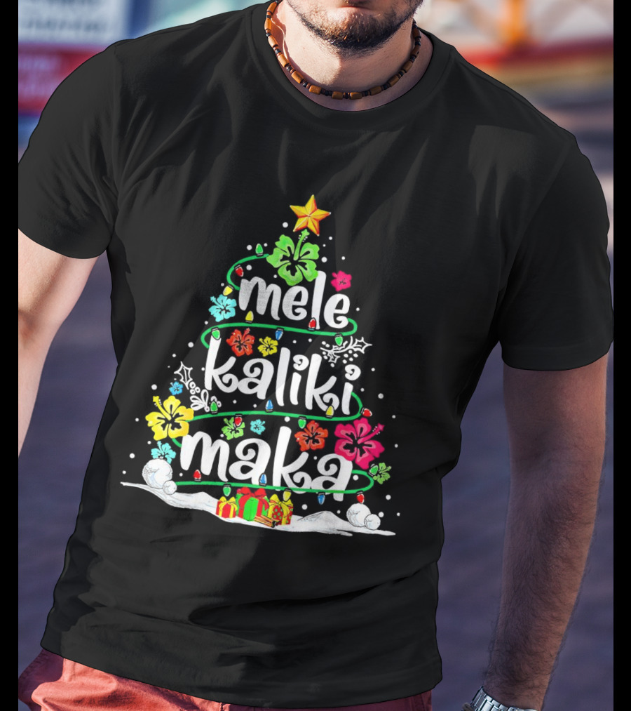 Mele Kalikimaka Christmas Tree With Flowers And Gifts T-Shirt