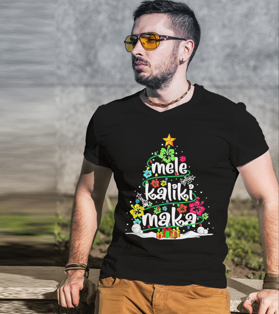 Mele Kalikimaka Christmas Tree With Flowers And Gifts T-Shirt