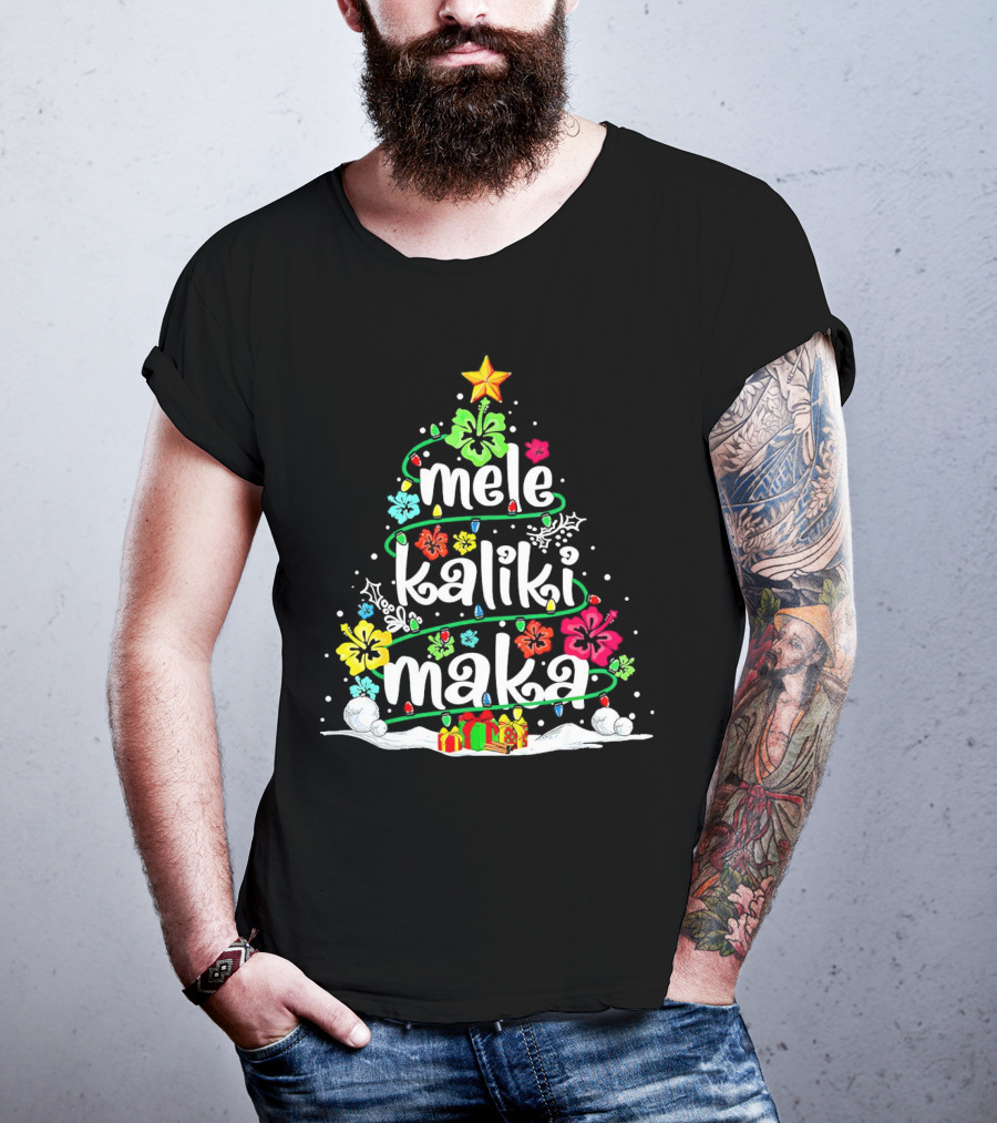 Mele Kalikimaka Christmas Tree With Flowers And Gifts T-Shirt
