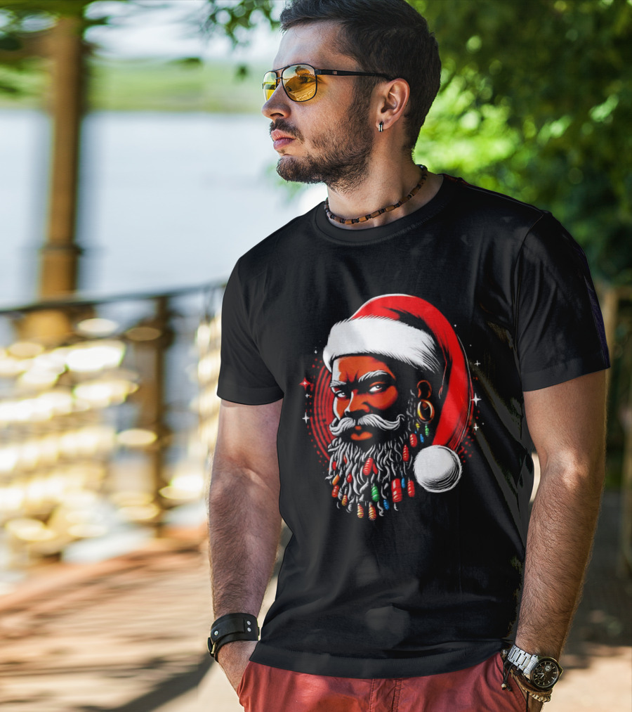 Santa African Christmas Festive Lights Beard Santa Hat T-Shirt