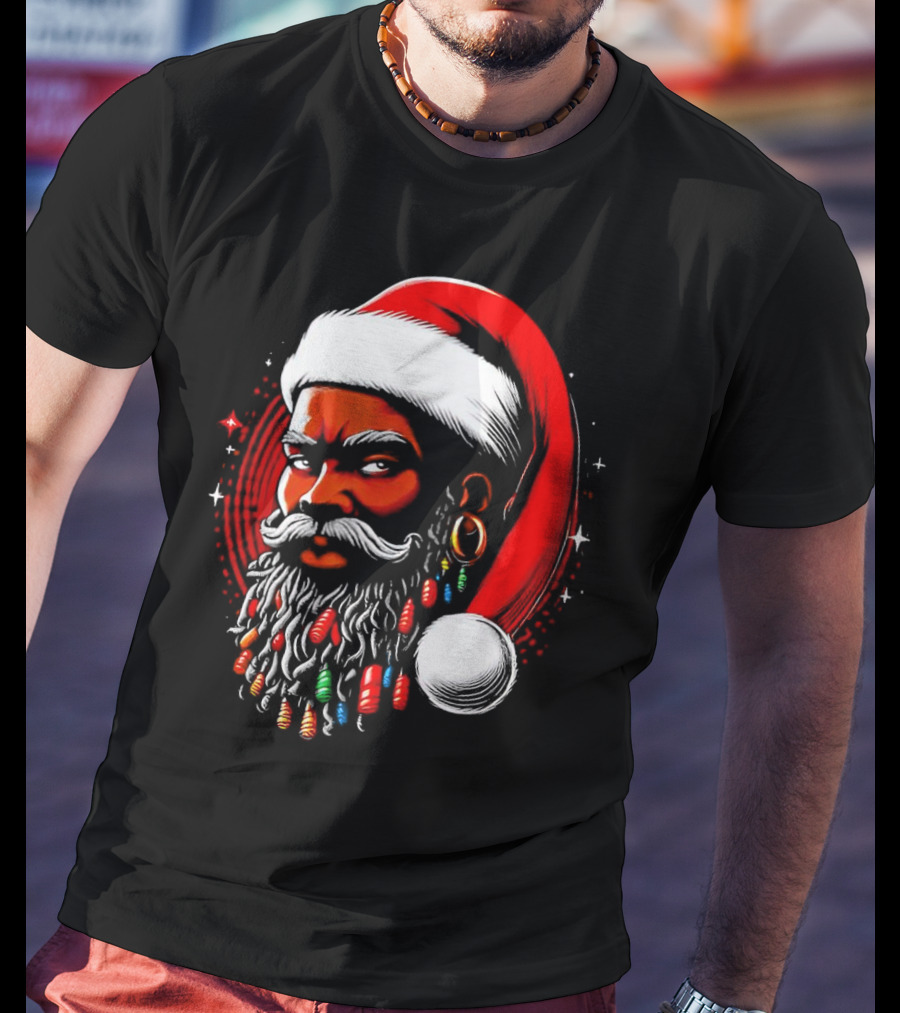 Santa African Christmas Festive Lights Beard Santa Hat T-Shirt
