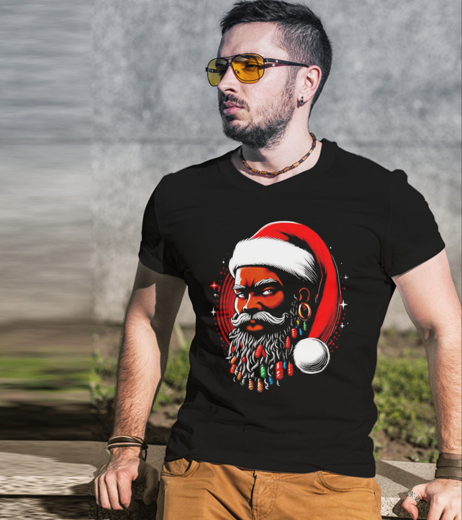 Santa African Christmas Festive Lights Beard Santa Hat T-Shirt