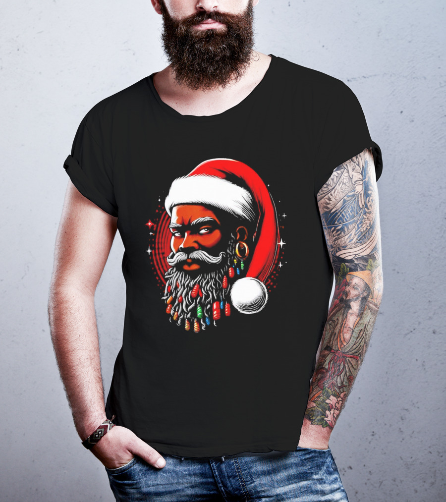 Santa African Christmas Festive Lights Beard Santa Hat T-Shirt