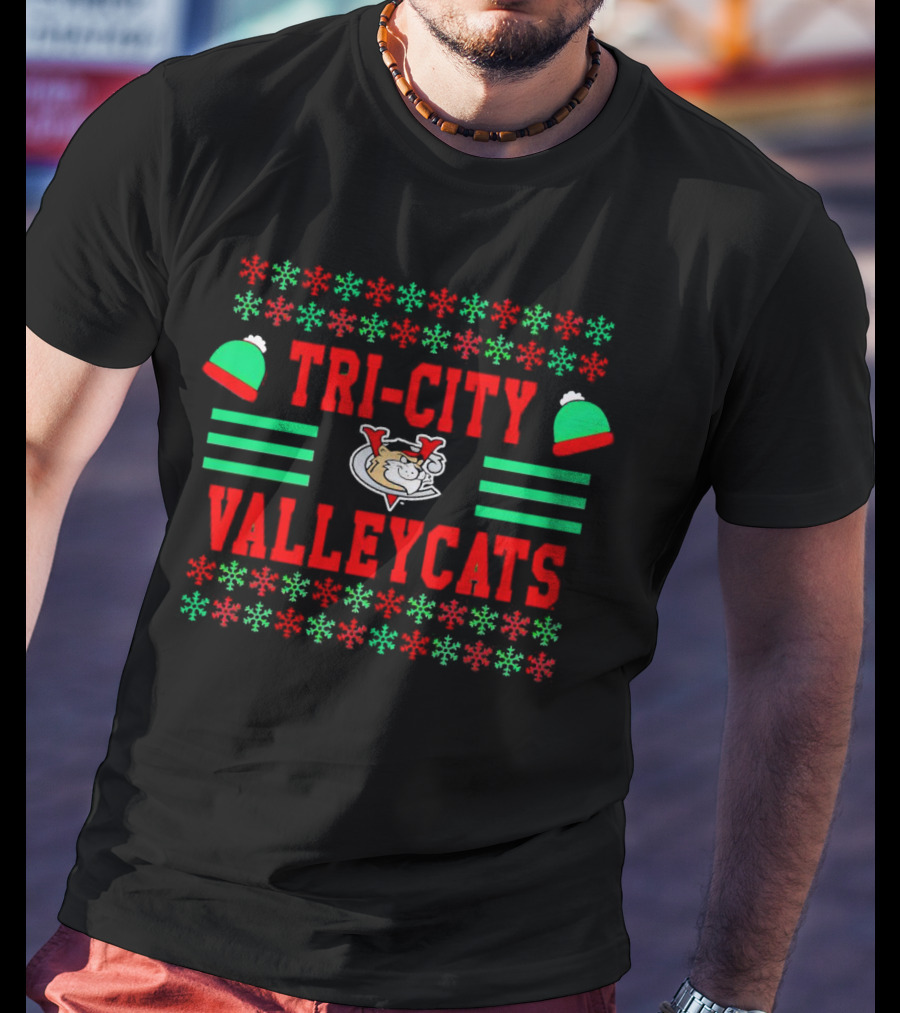 Tri-City ValleyCats Holiday Snowflake Pattern With Festive Hat And Cat T-Shirt