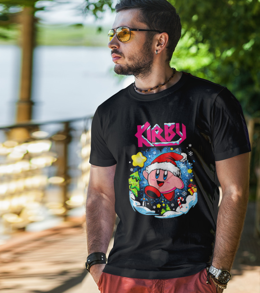 Kirby Holiday Snow Adventure With Kreator Style Santa Hat And Winter Delights T-Shirt
