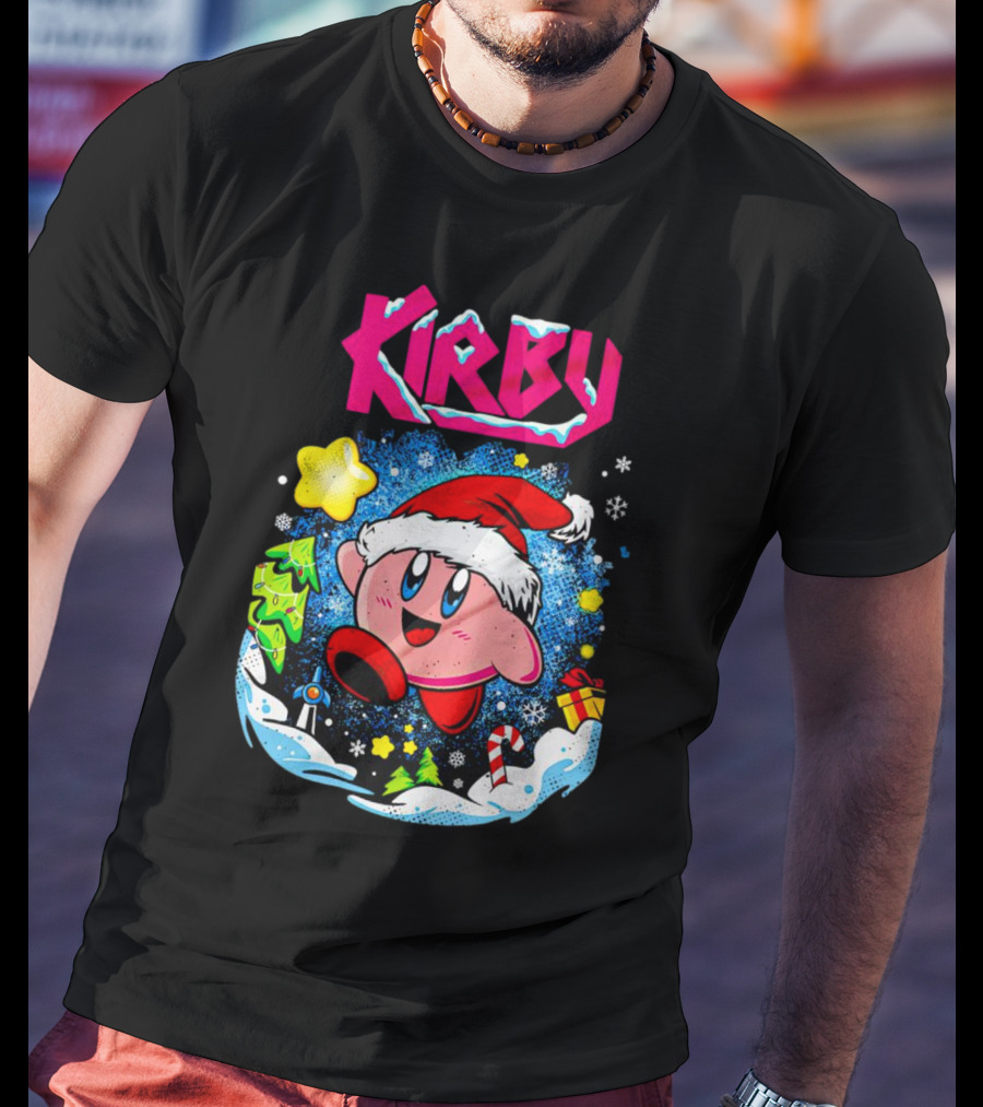 Kirby Holiday Snow Adventure With Kreator Style Santa Hat And Winter Delights T-Shirt