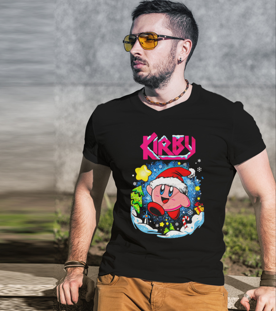Kirby Holiday Snow Adventure With Kreator Style Santa Hat And Winter Delights T-Shirt