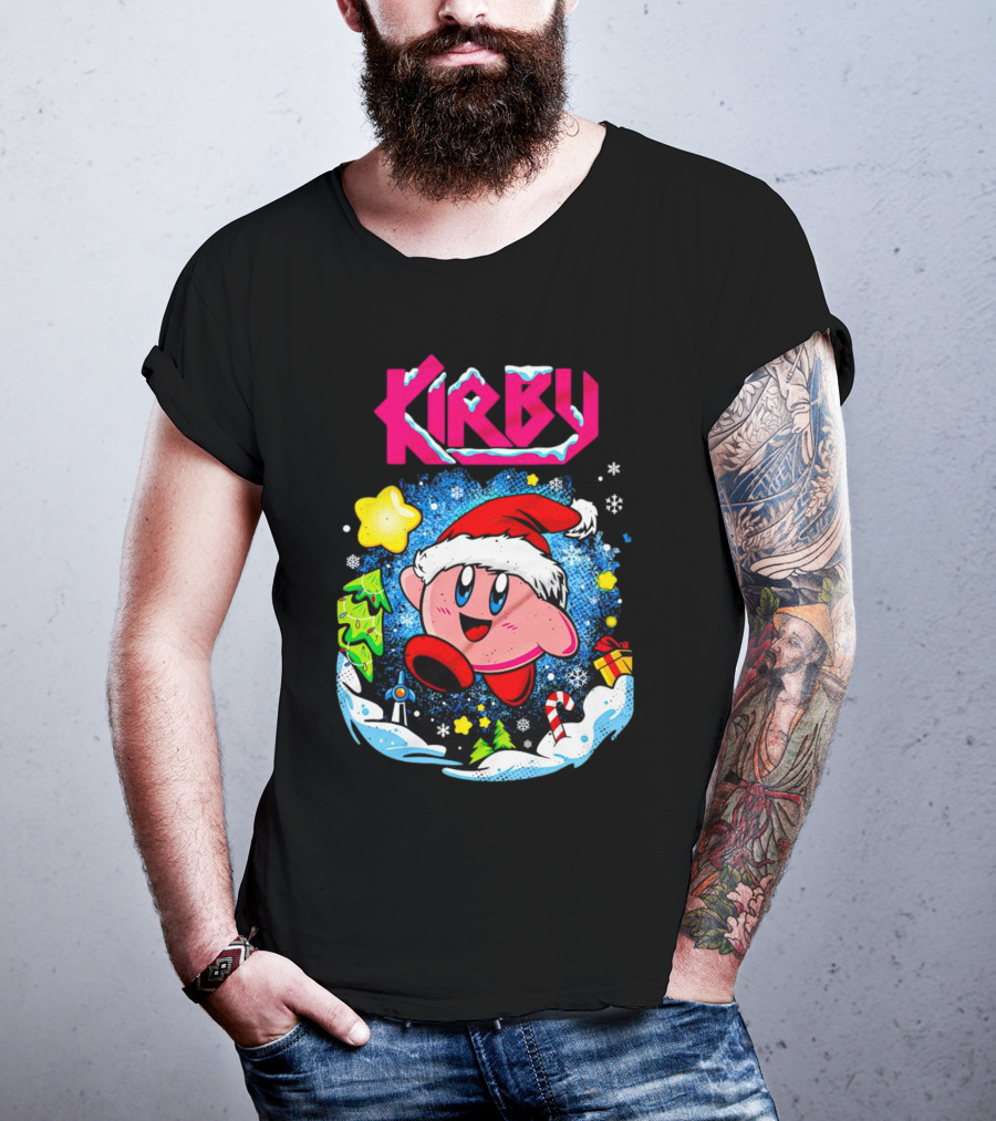 Kirby Holiday Snow Adventure With Kreator Style Santa Hat And Winter Delights T-Shirt