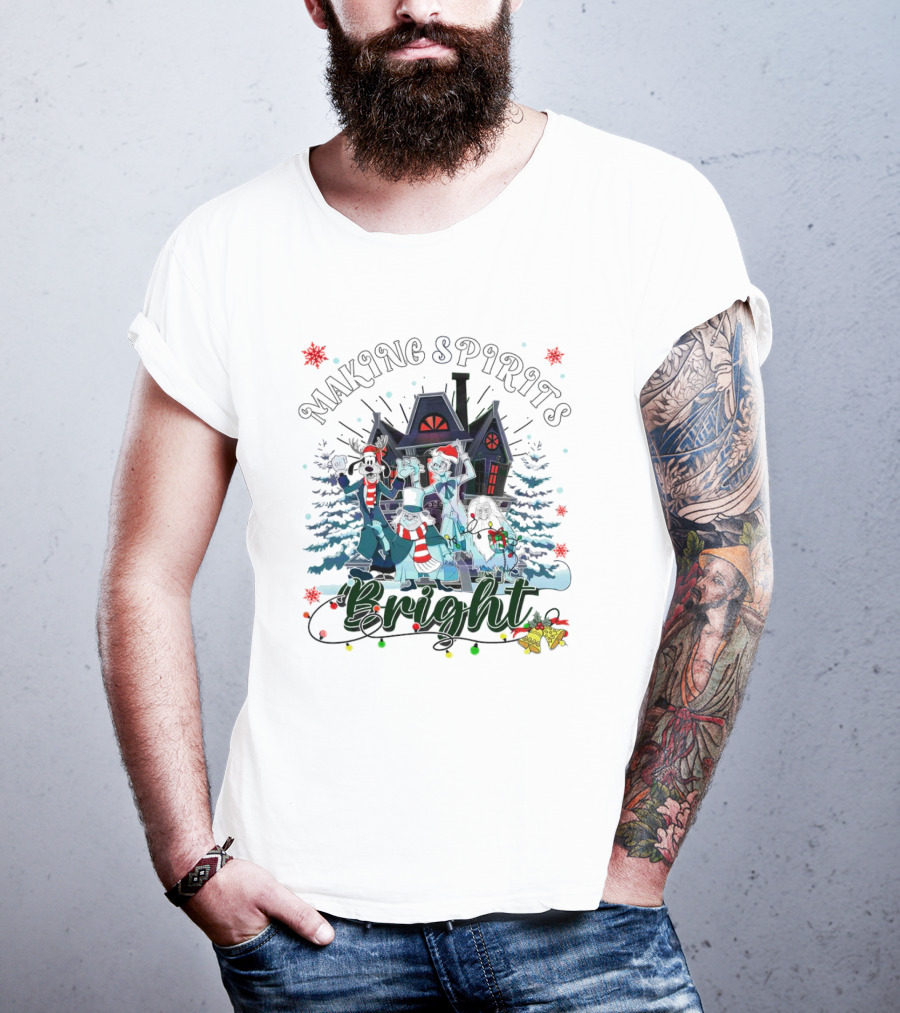Making Spirits Bright Haunted Mansion Christmas Ghosts In Winter Scene T-Shirt