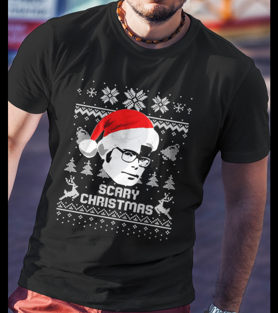 Stephen King Scary Christmas Ugly Sweater Santa Hat Reindeer Snowflakes T-Shirt
