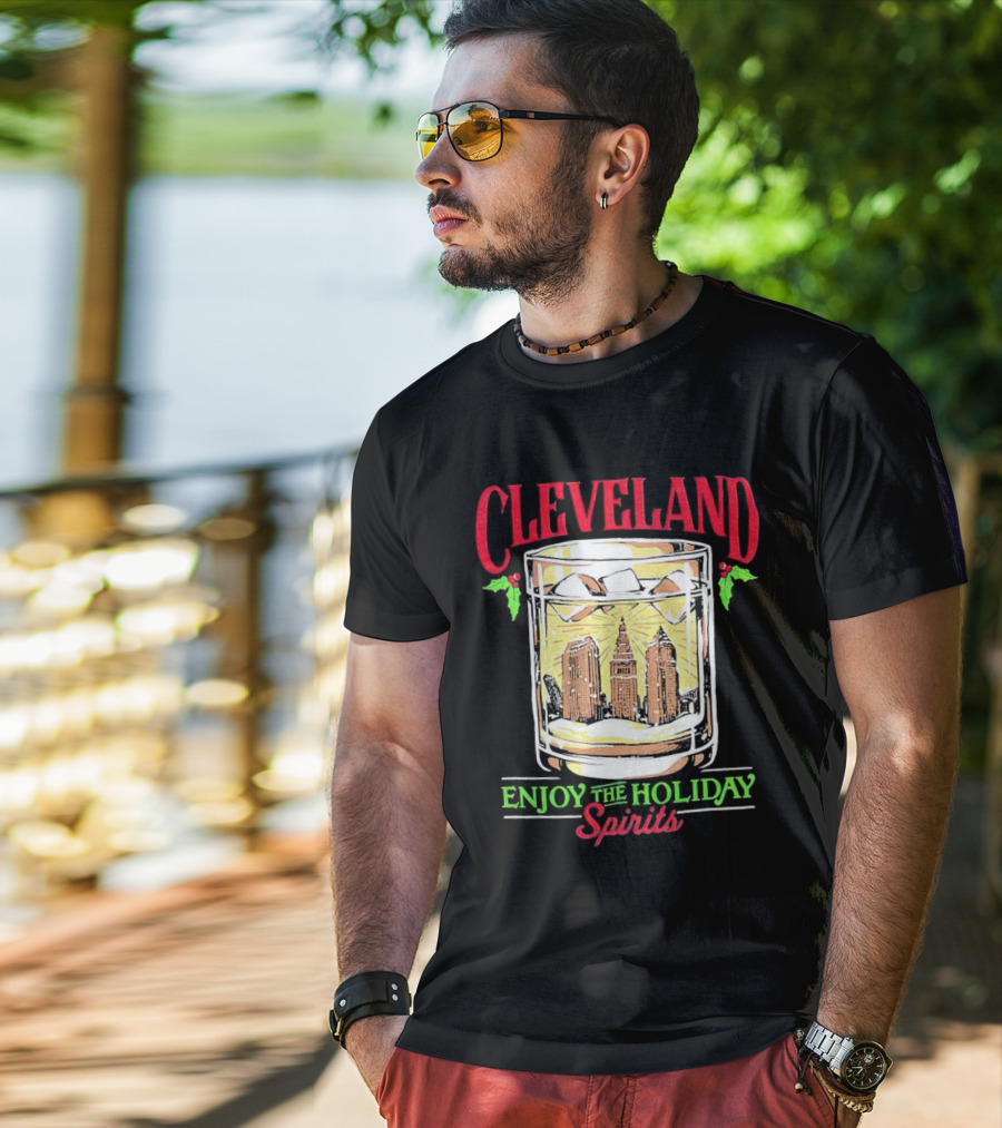 Cleveland Skyline In Whiskey Glass Enjoy The Holiday Spirits T-Shirt
