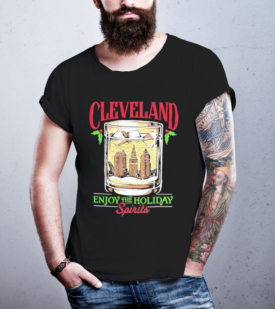 Cleveland Skyline In Whiskey Glass Enjoy The Holiday Spirits T-Shirt