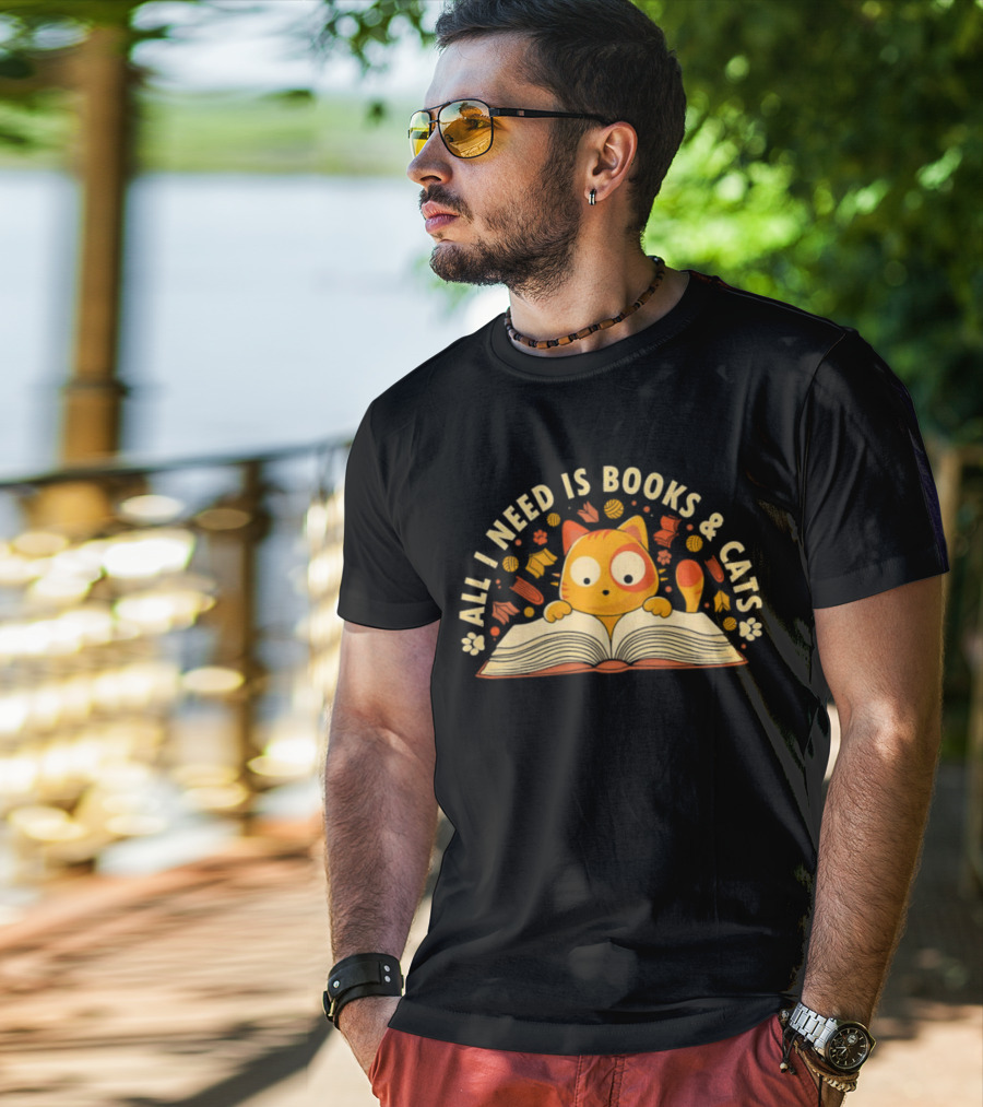All I Need Is Books And Cats With Curious Feline And Open Book T-Shirt
