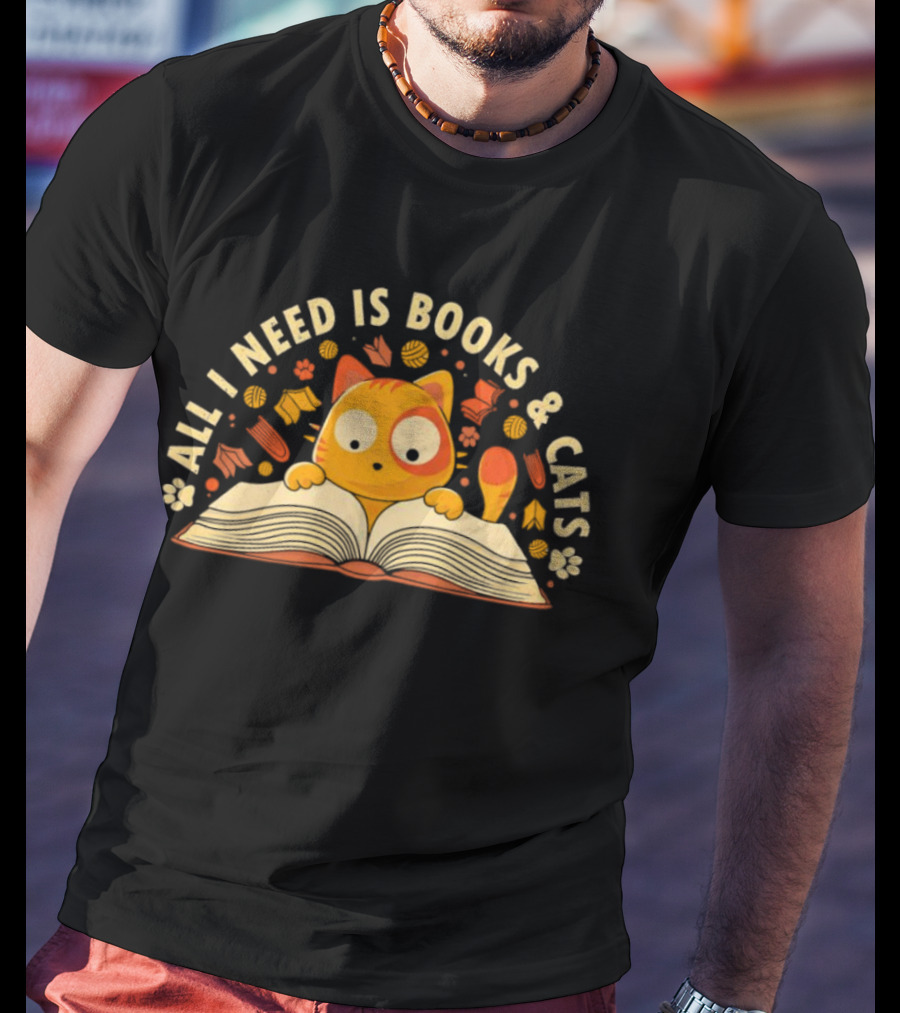 All I Need Is Books And Cats With Curious Feline And Open Book T-Shirt