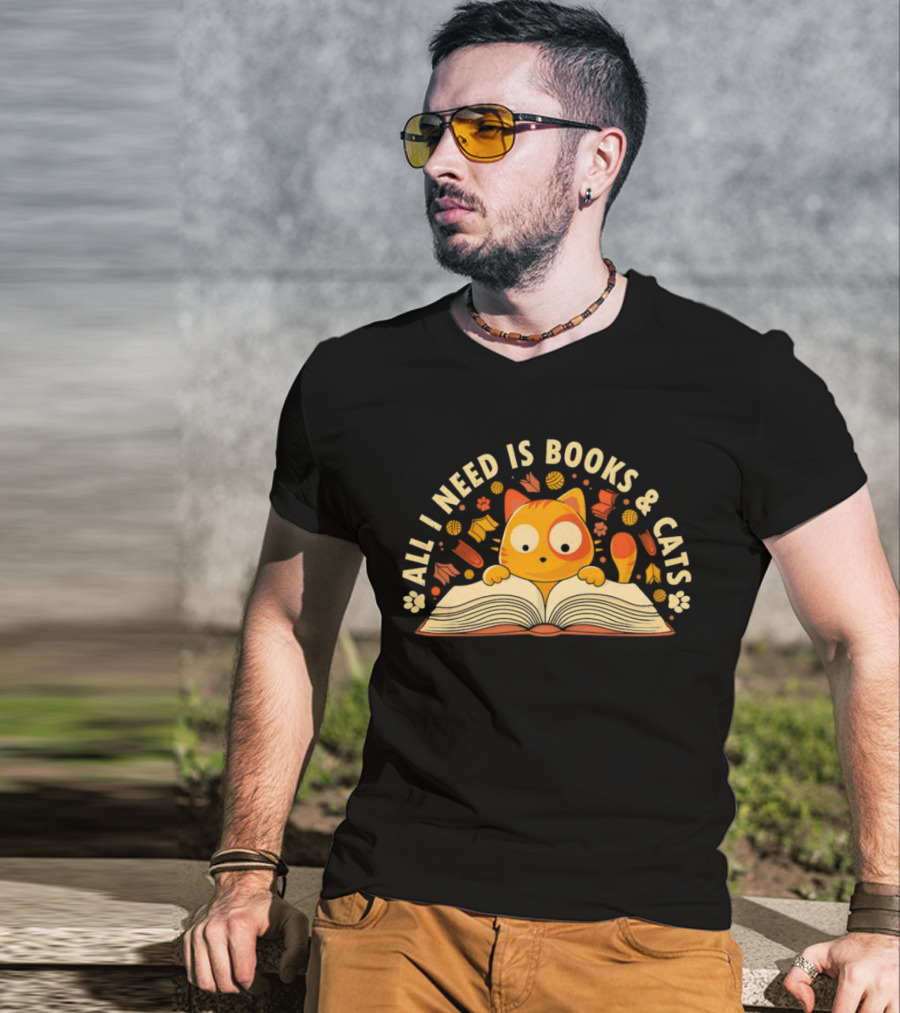All I Need Is Books And Cats With Curious Feline And Open Book T-Shirt