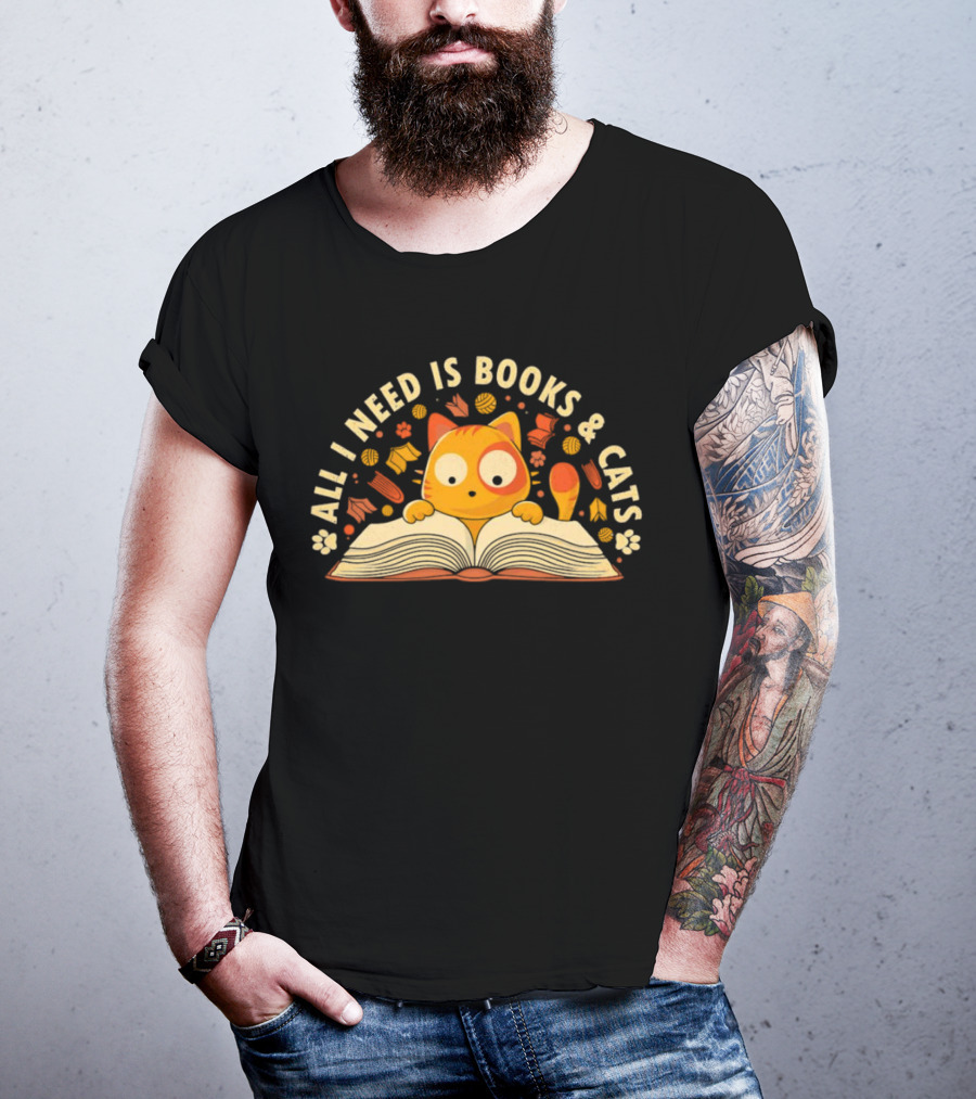 All I Need Is Books And Cats With Curious Feline And Open Book T-Shirt