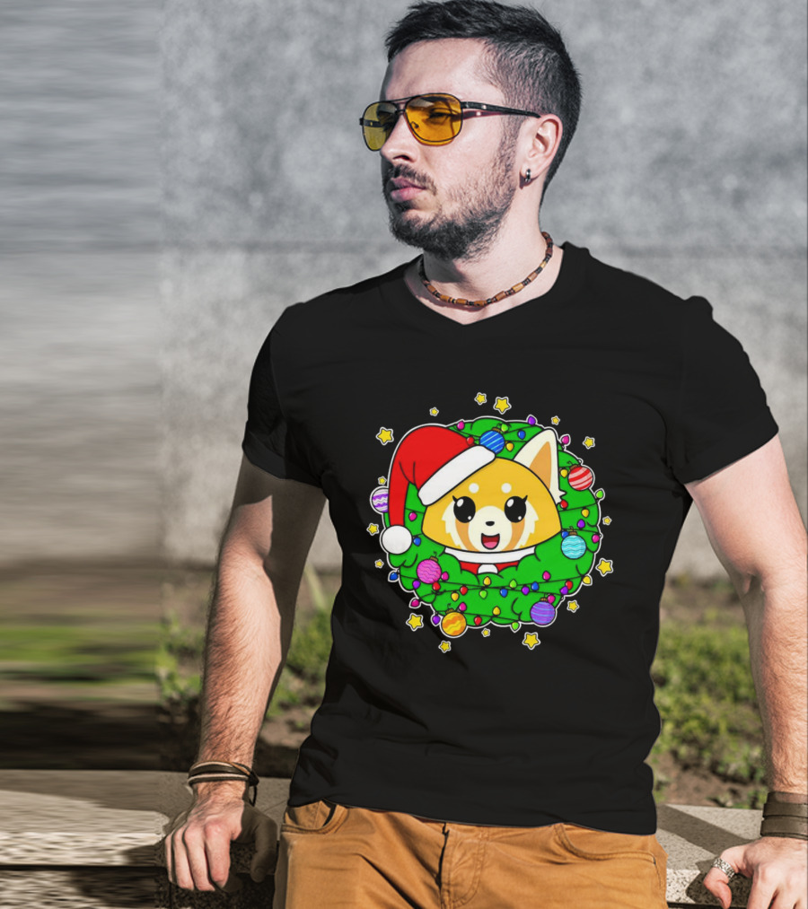 Aggressively Merry Christmas Kawaii Red Panda With Santa Hat In Holiday Wreath T-Shirt