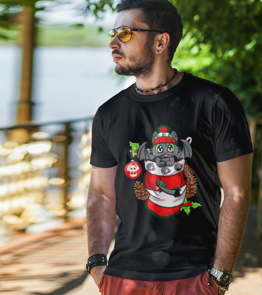 Baby Dragon Holiday Stocking With Skull Ornament And Pinecones T-Shirt