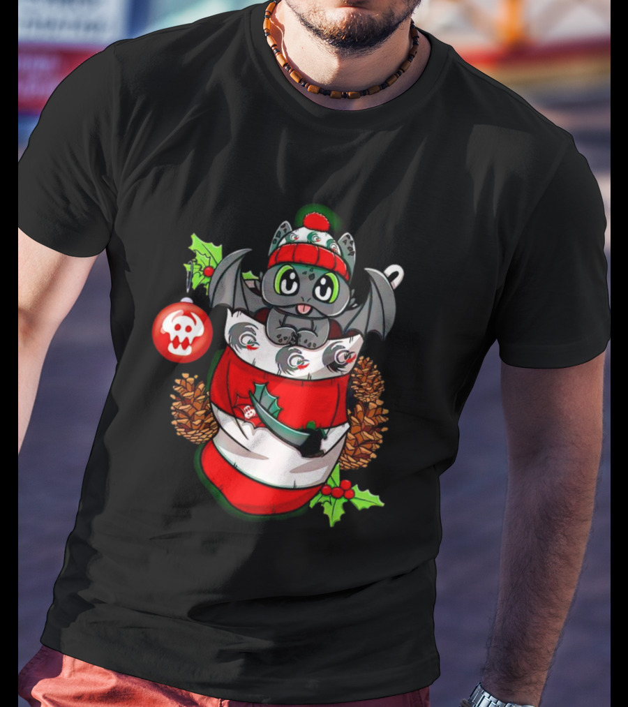 Baby Dragon Holiday Stocking With Skull Ornament And Pinecones T-Shirt