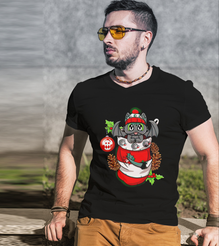 Baby Dragon Holiday Stocking With Skull Ornament And Pinecones T-Shirt