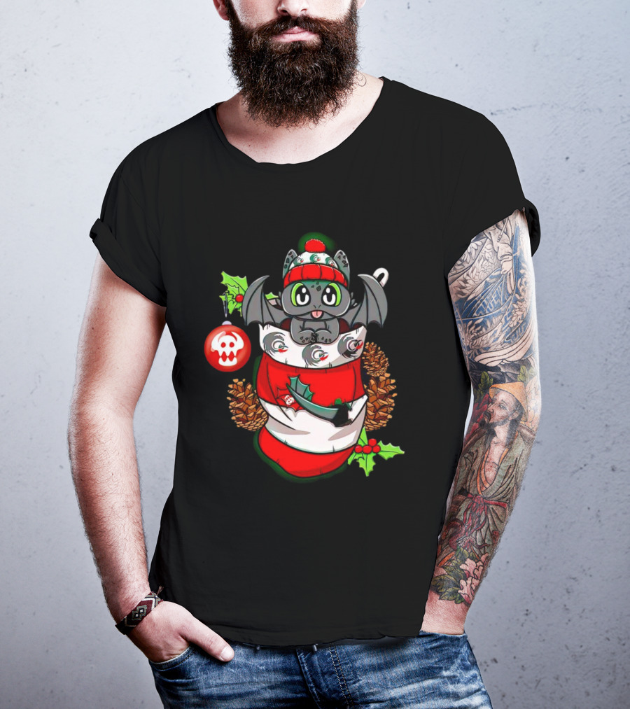 Baby Dragon Holiday Stocking With Skull Ornament And Pinecones T-Shirt