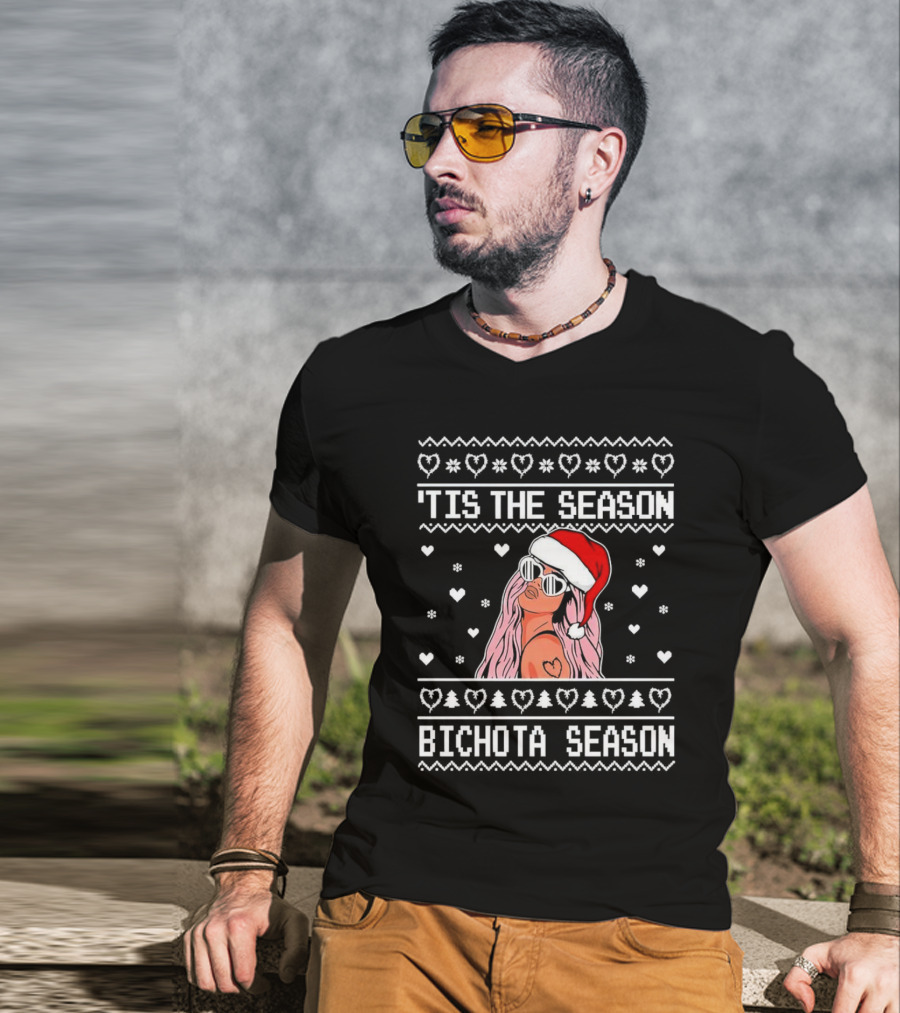 Bichota Season 'Tis The Season Christmas Santa Hat Hearts And Snowflakes T-Shirt