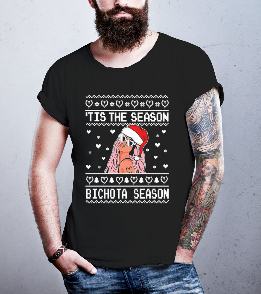 Bichota Season 'Tis The Season Christmas Santa Hat Hearts And Snowflakes T-Shirt