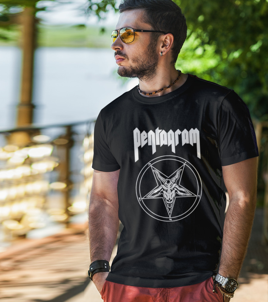 Pentagram Relentless Goat Head Symbol In Circle T-Shirt