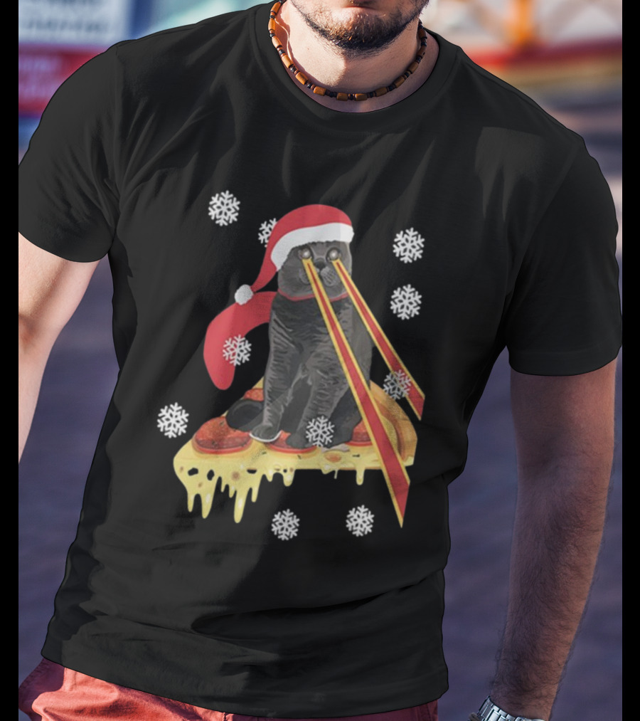 The Guardians Of The Galaxy Drax Cat Pizza Laser Eyes Santa Hat Christmas Snowflakes T-Shirt