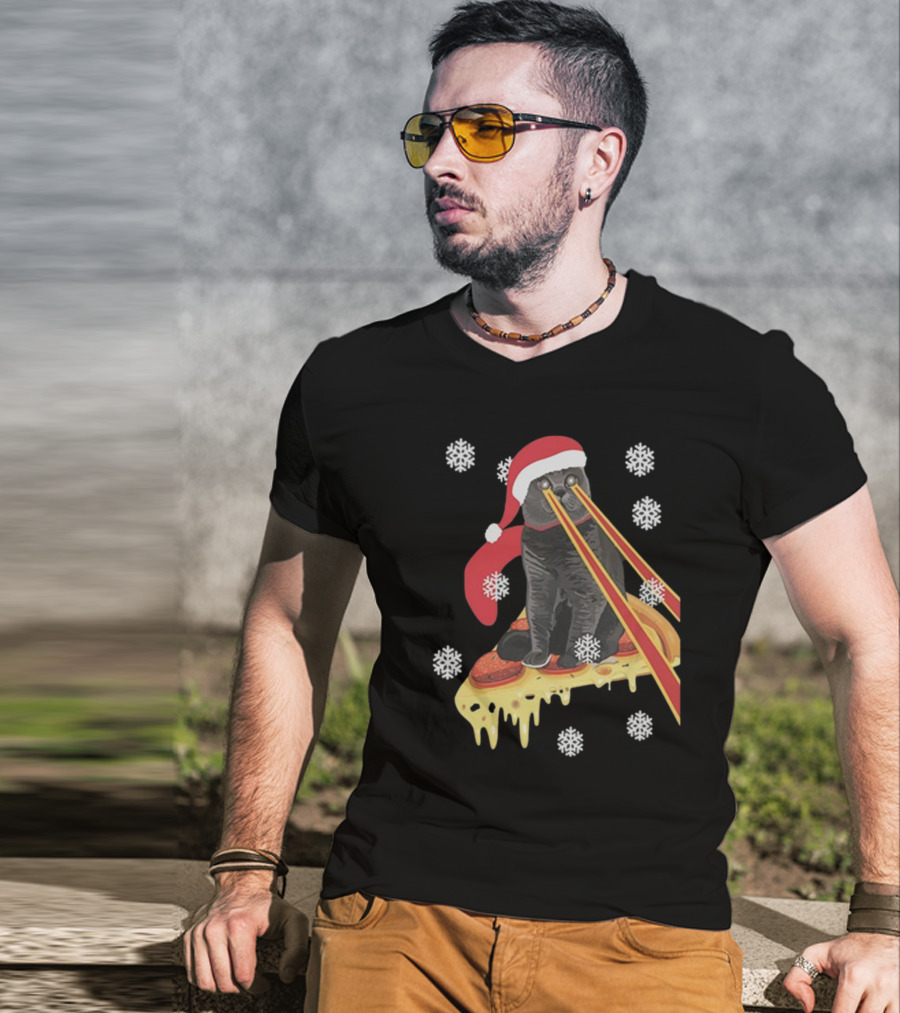 The Guardians Of The Galaxy Drax Cat Pizza Laser Eyes Santa Hat Christmas Snowflakes T-Shirt