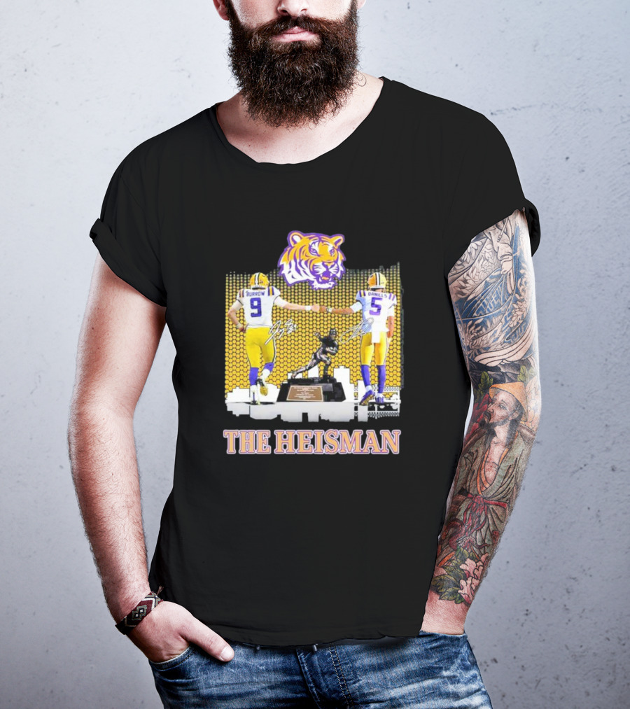 The Heisman LSU Tigers Burrow Daniels Tiger Head Football Trophy T-Shirt