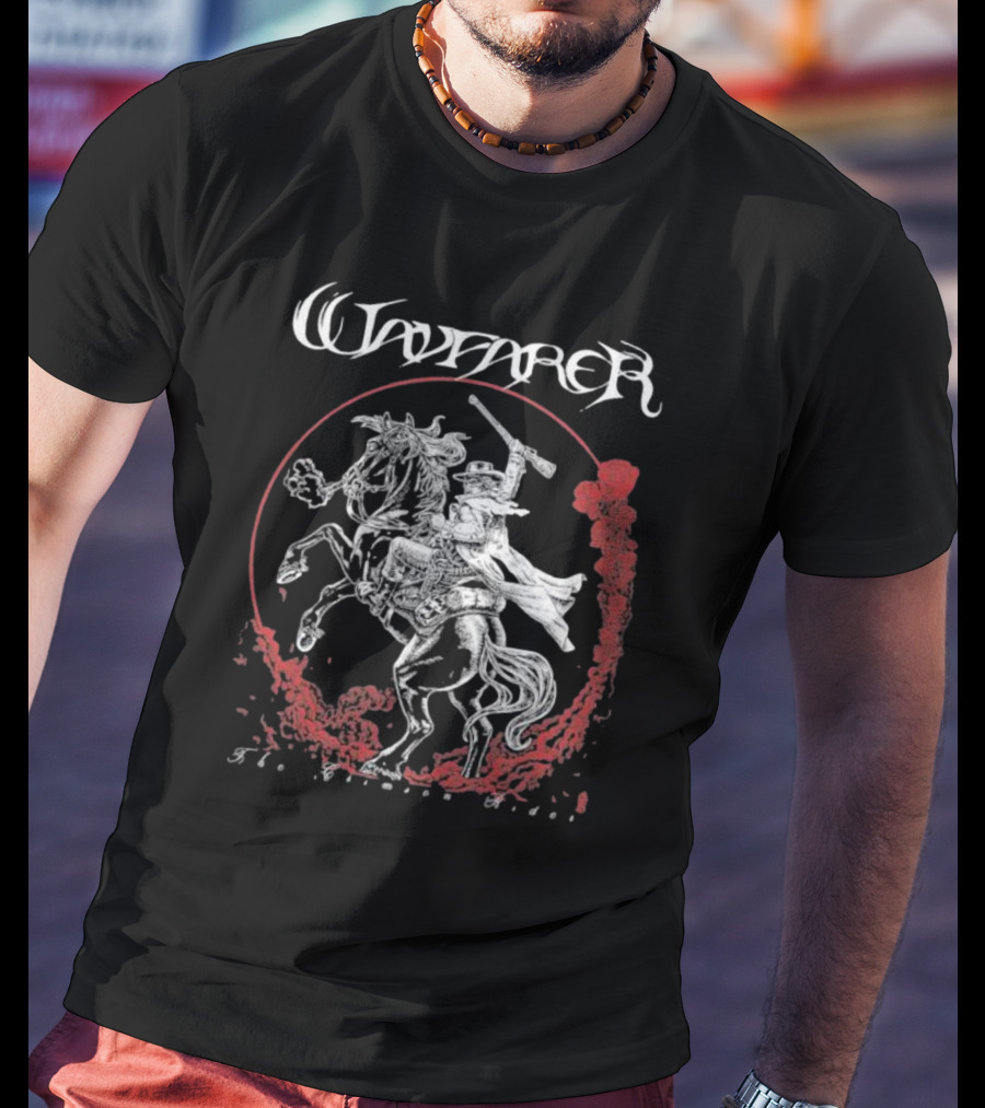 Wayfarer The Crimson Rider Vintage Western Hero On Horseback With Red Cloud Motif T-Shirt
