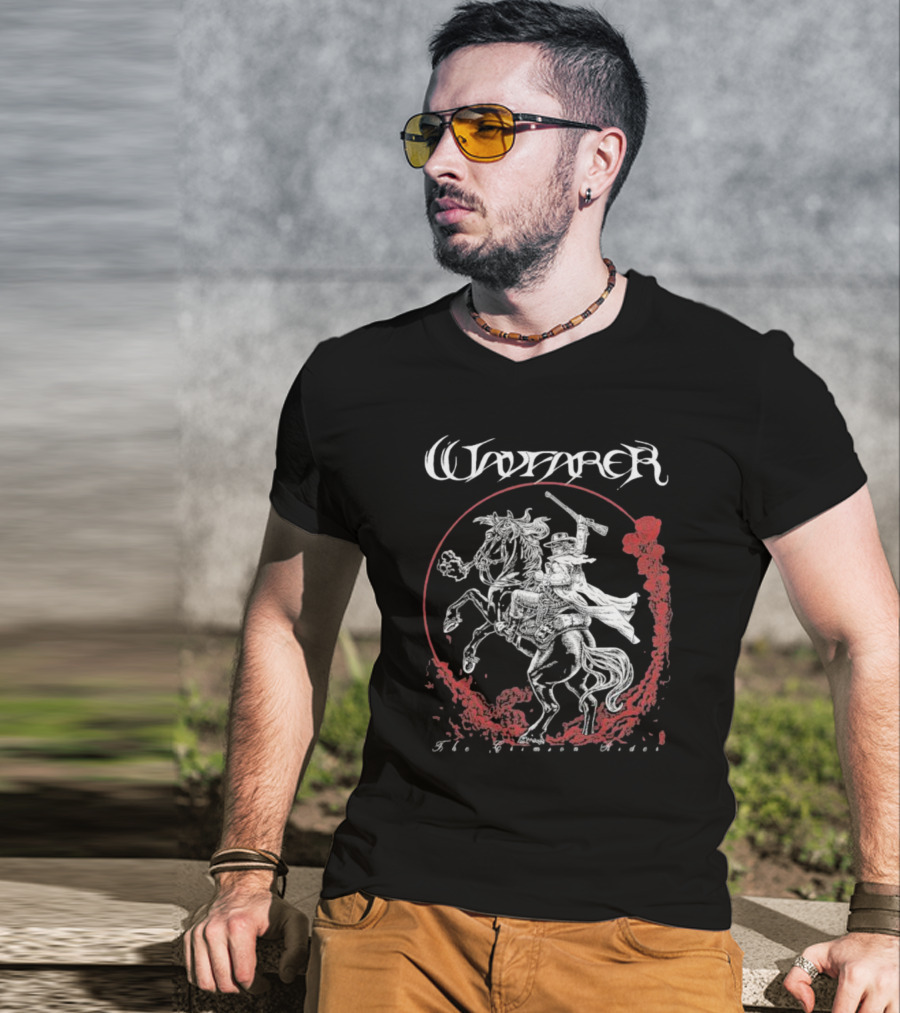 Wayfarer The Crimson Rider Vintage Western Hero On Horseback With Red Cloud Motif T-Shirt
