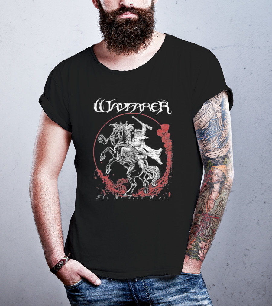 Wayfarer The Crimson Rider Vintage Western Hero On Horseback With Red Cloud Motif T-Shirt
