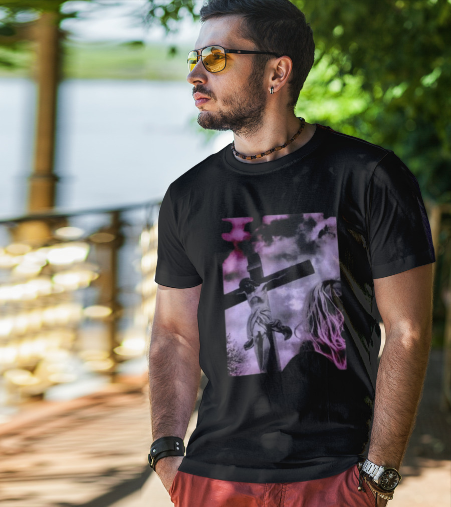Zakk Wylde Jesus Crucifixion Image With Dark Sky And Blonde Hair Motif T-Shirt