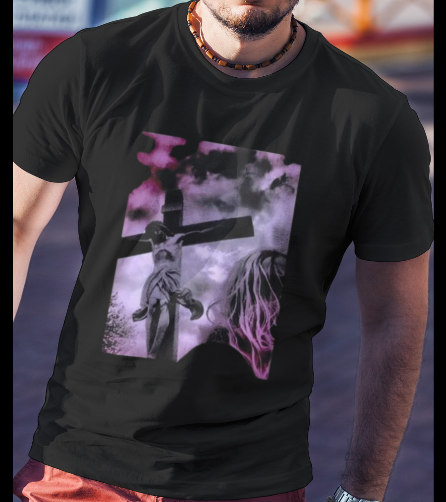 Zakk Wylde Jesus Crucifixion Image With Dark Sky And Blonde Hair Motif T-Shirt