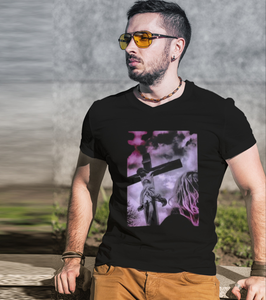 Zakk Wylde Jesus Crucifixion Image With Dark Sky And Blonde Hair Motif T-Shirt