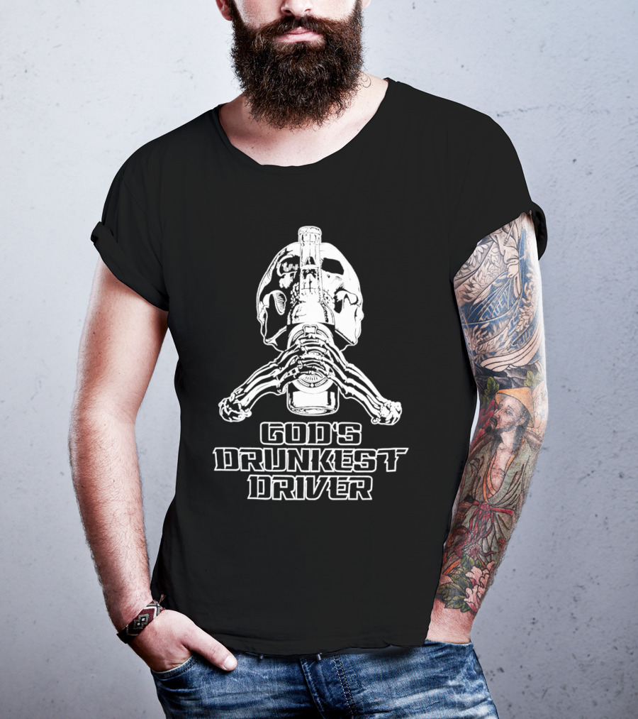 God's Drunkest Driver Skeleton Skull Holding Bottle T-Shirt