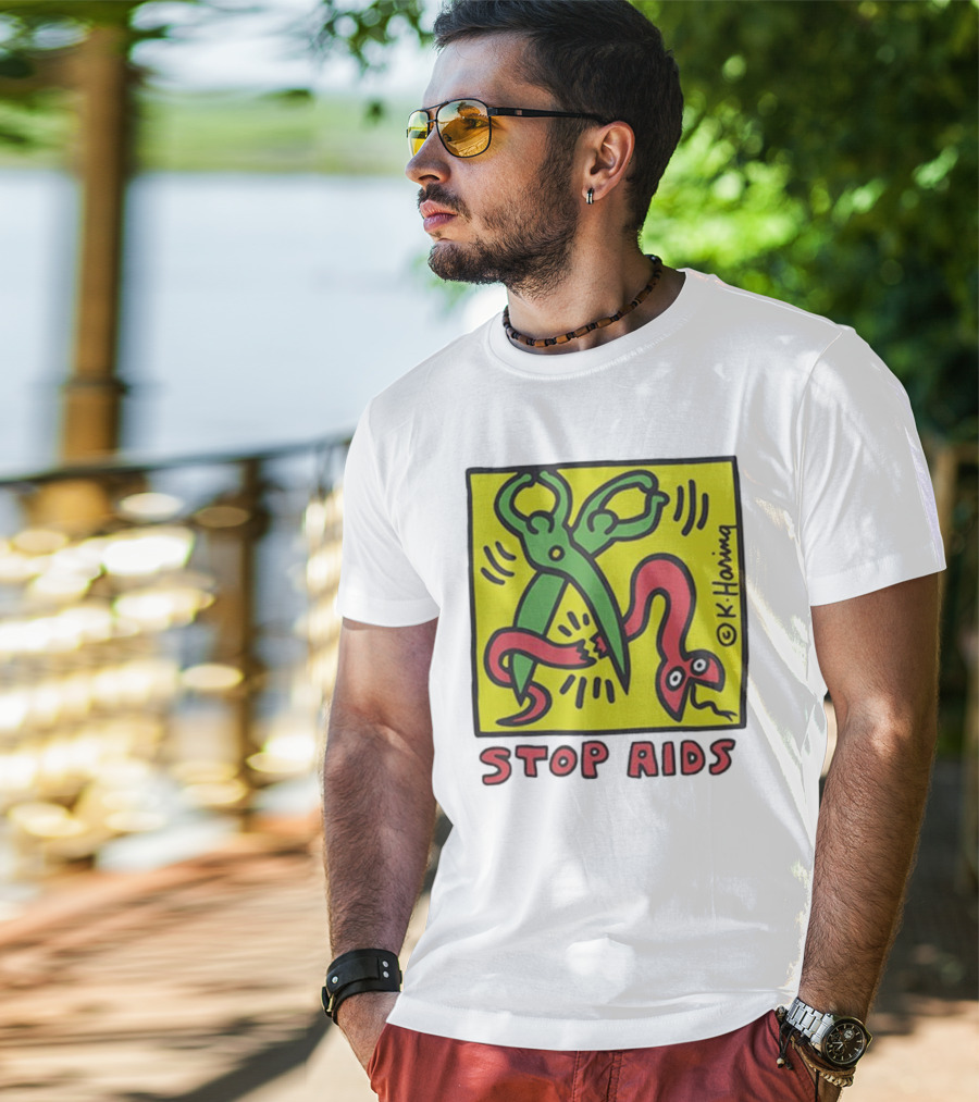 Keith Haring Stop Aids Scissors Cutting Snake T-Shirt