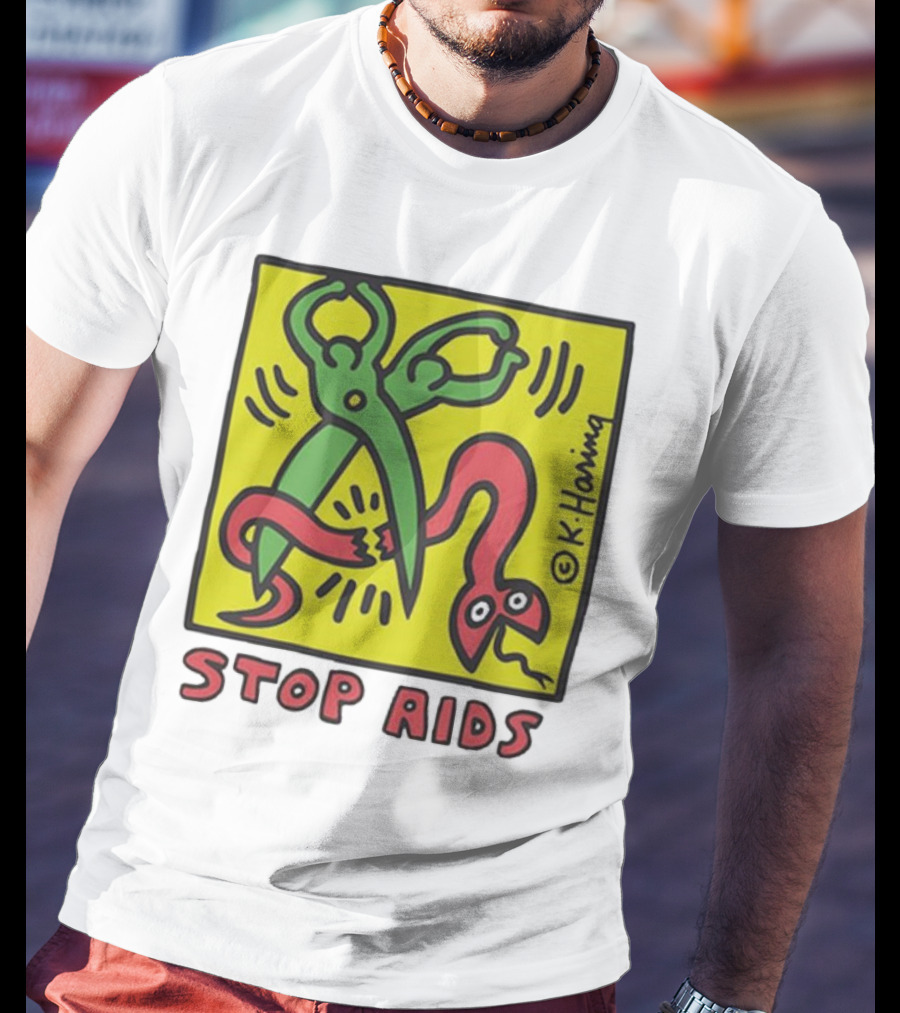 Keith Haring Stop Aids Scissors Cutting Snake T-Shirt