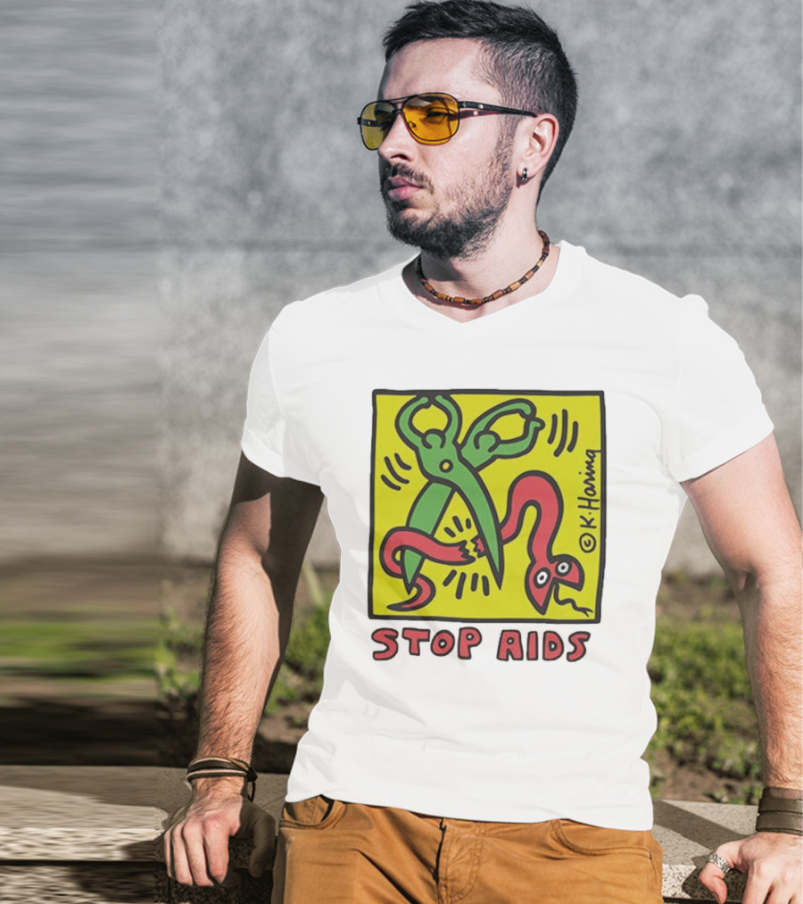 Keith Haring Stop Aids Scissors Cutting Snake T-Shirt