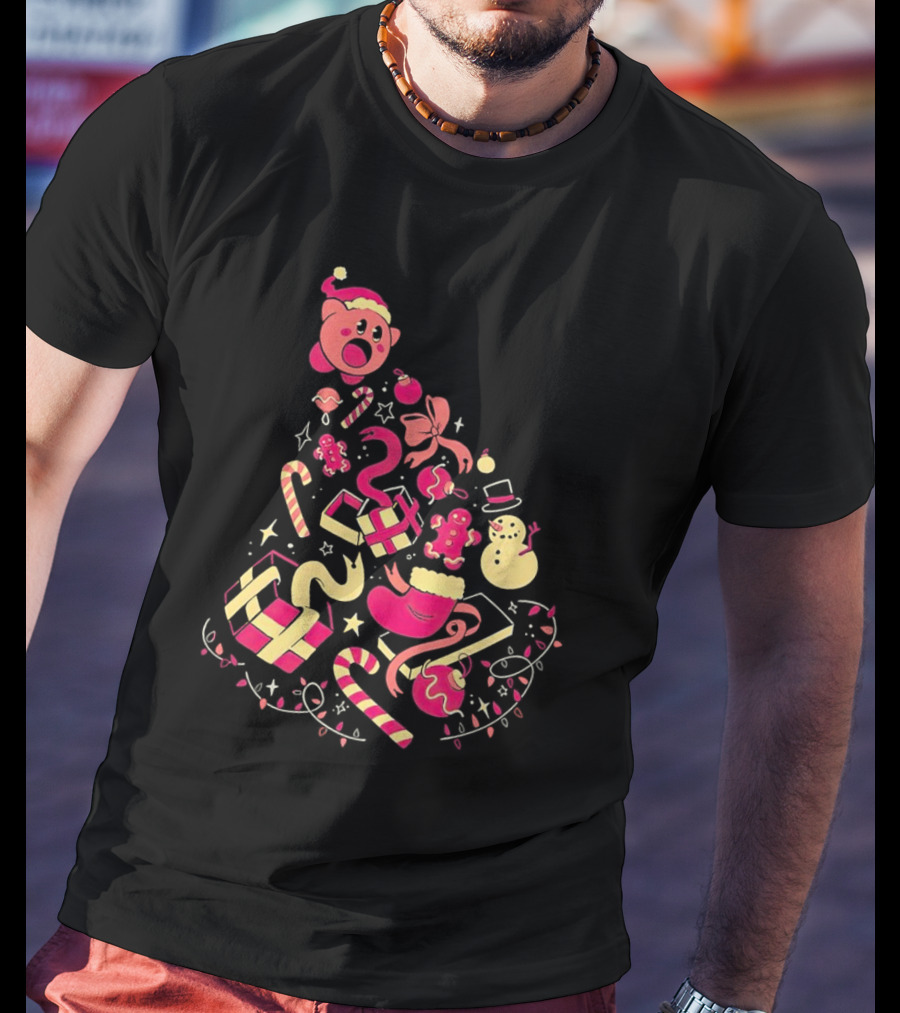 Kirby Christmas Santa Hat And Holiday Icons T-Shirt