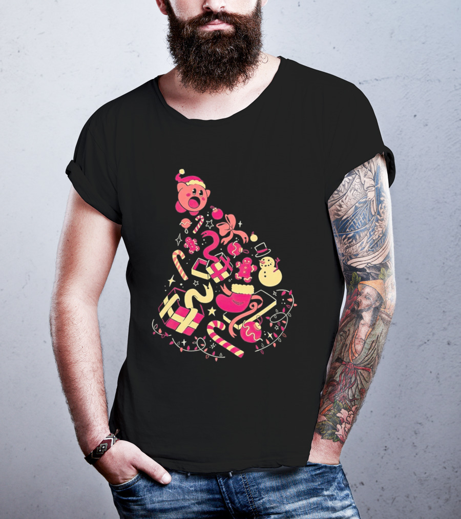 Kirby Christmas Santa Hat And Holiday Icons T-Shirt