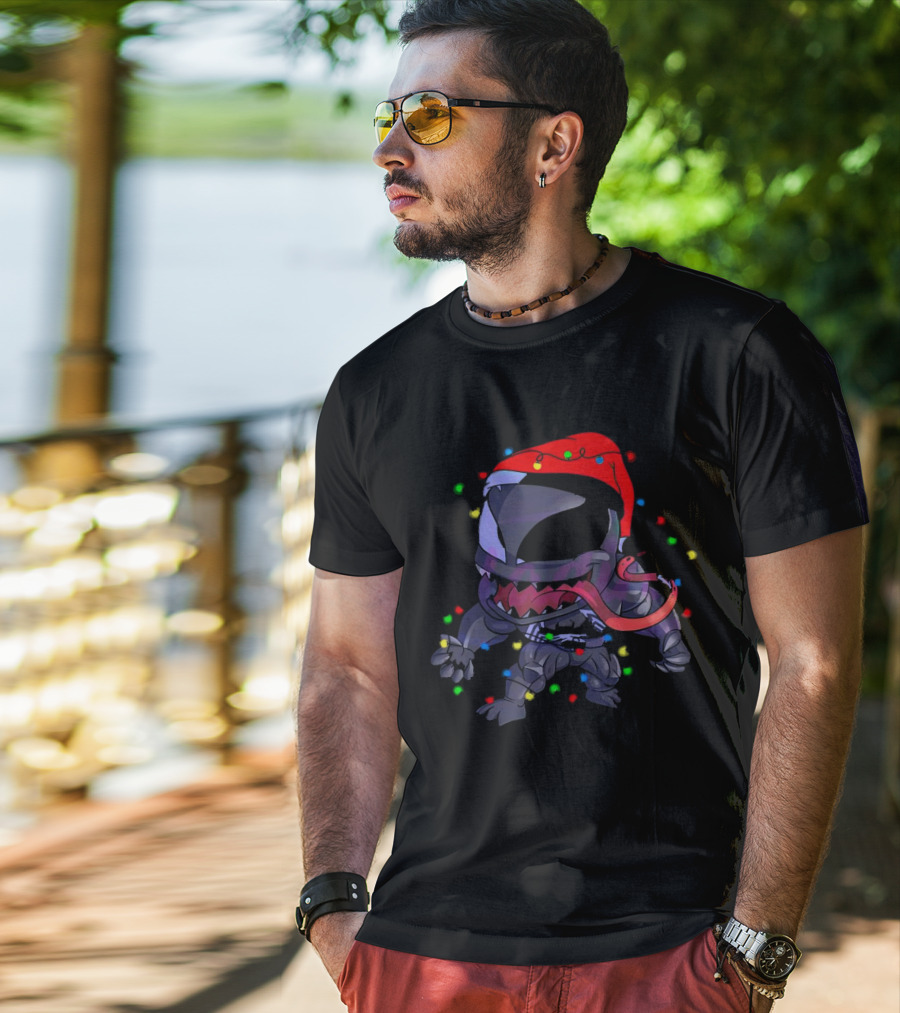 Venom Spiderman Marvel Christmas Lights Santa Hat T-Shirt