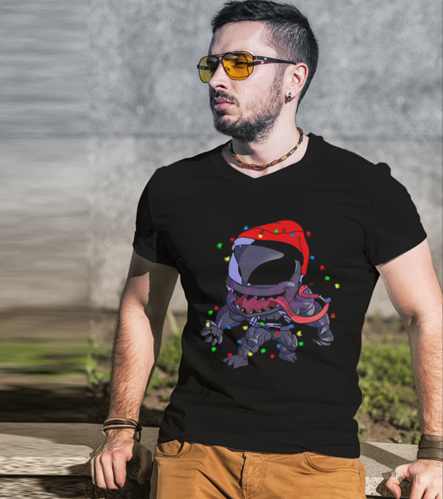 Venom Spiderman Marvel Christmas Lights Santa Hat T-Shirt